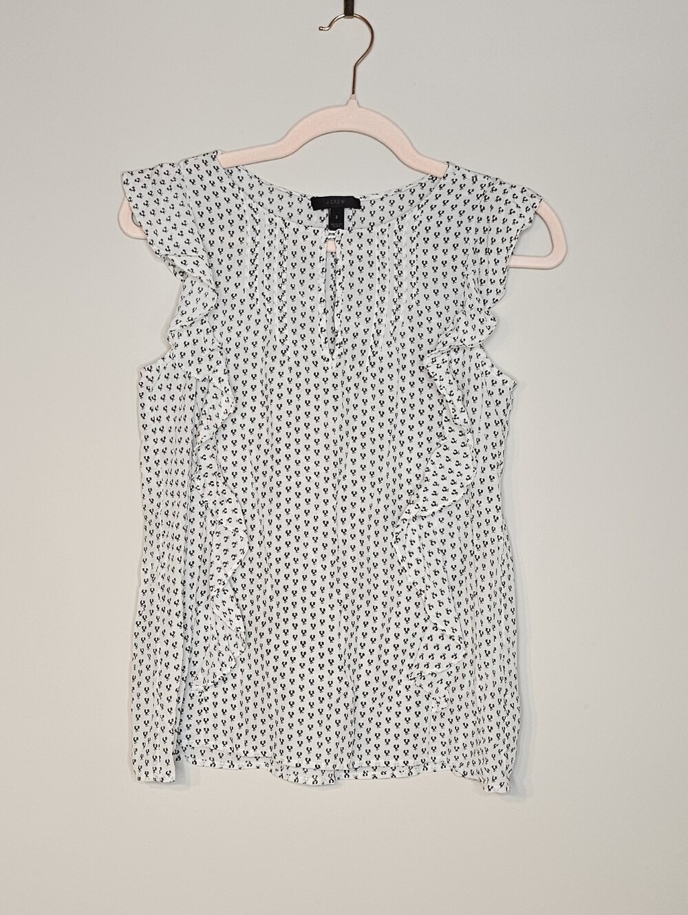 J. Crew Silk Ruffle Sleeveless Tank Top Blouse White Black Print Size 2 Keyhole